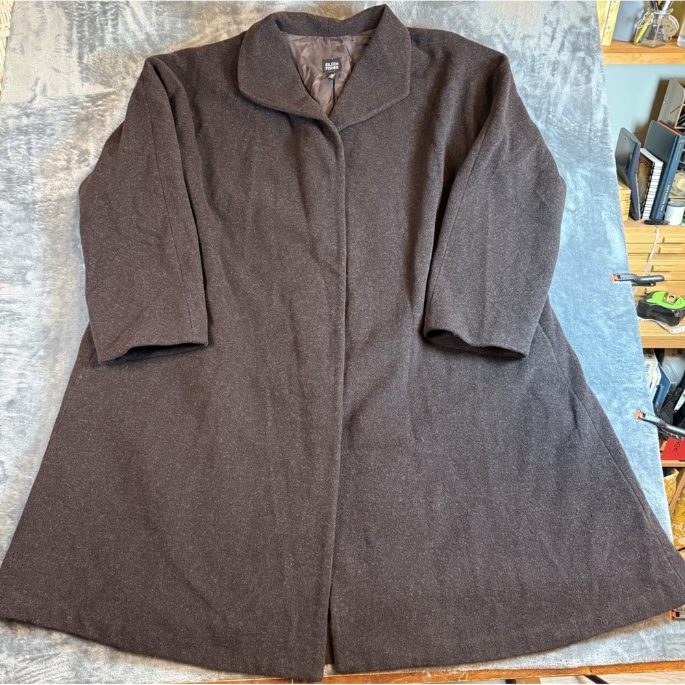 Vintage Eileen Fisher 100% Wool Long Overcoat Womens Brown Chocolate USA Made XL